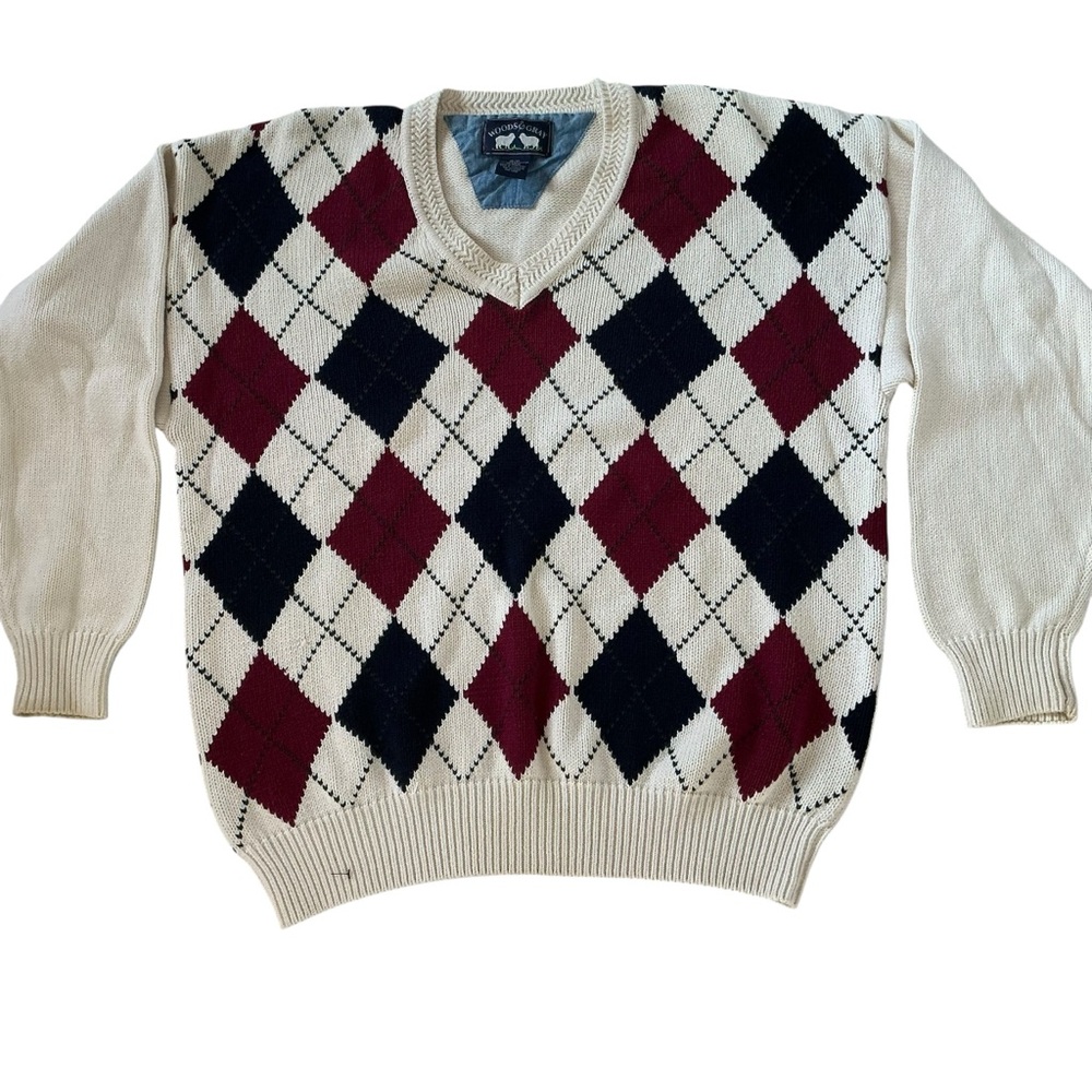 Vintage 80s woods & gray v-neck men’s sweater Sz M off white blue red argyle